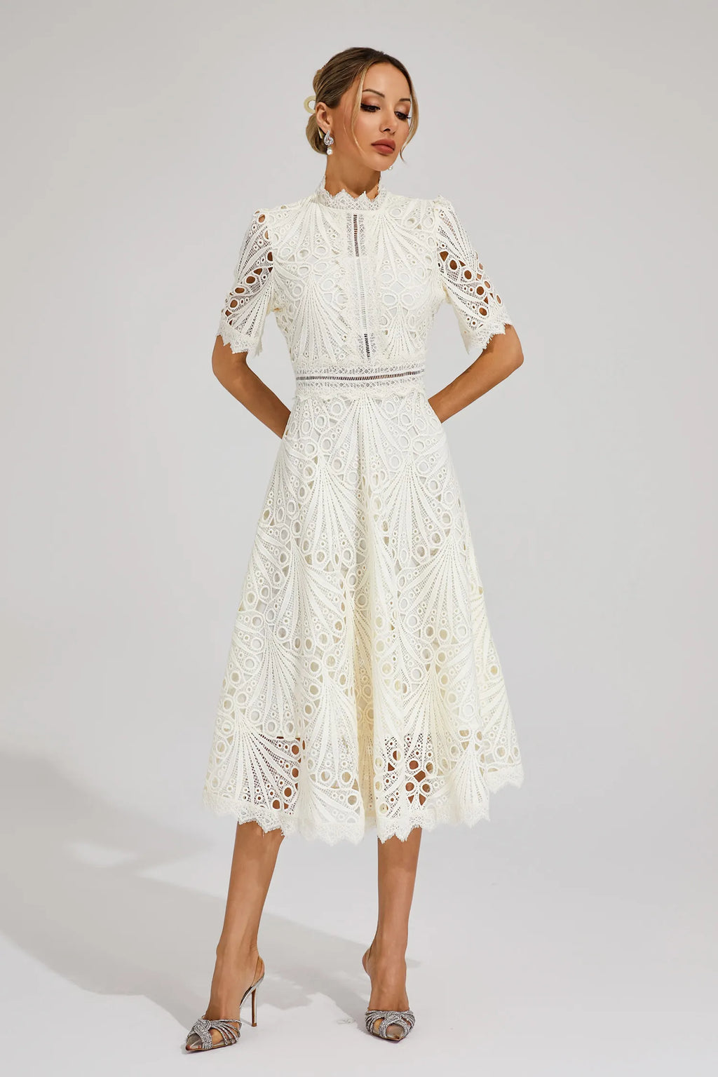 Robe midi en dentelle femme, rose ou blanche, du S au 4XL