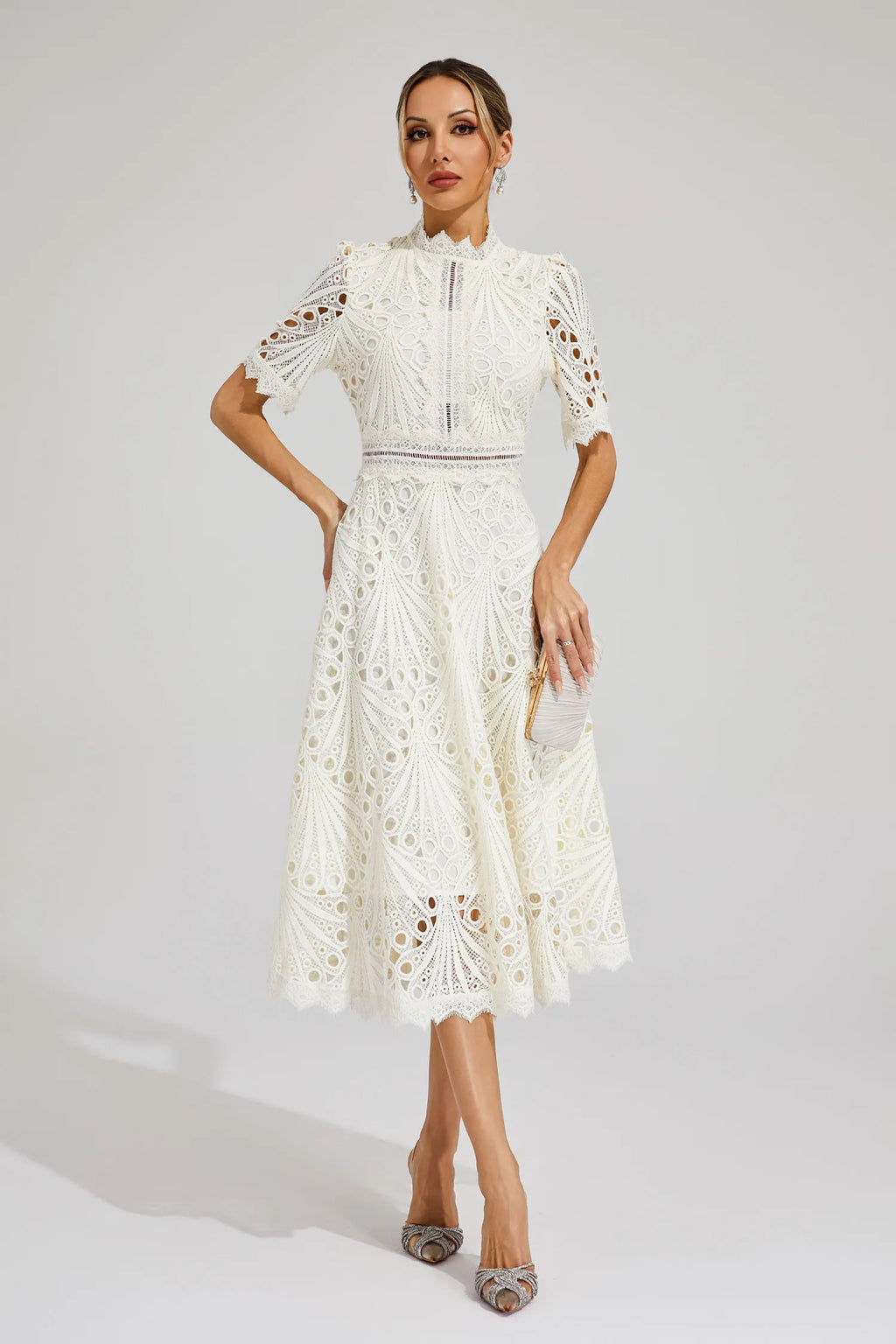 Robe midi en dentelle femme, rose ou blanche, du S au 4XL
