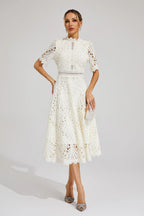 Robe midi en dentelle femme, rose ou blanche, du S au 4XL