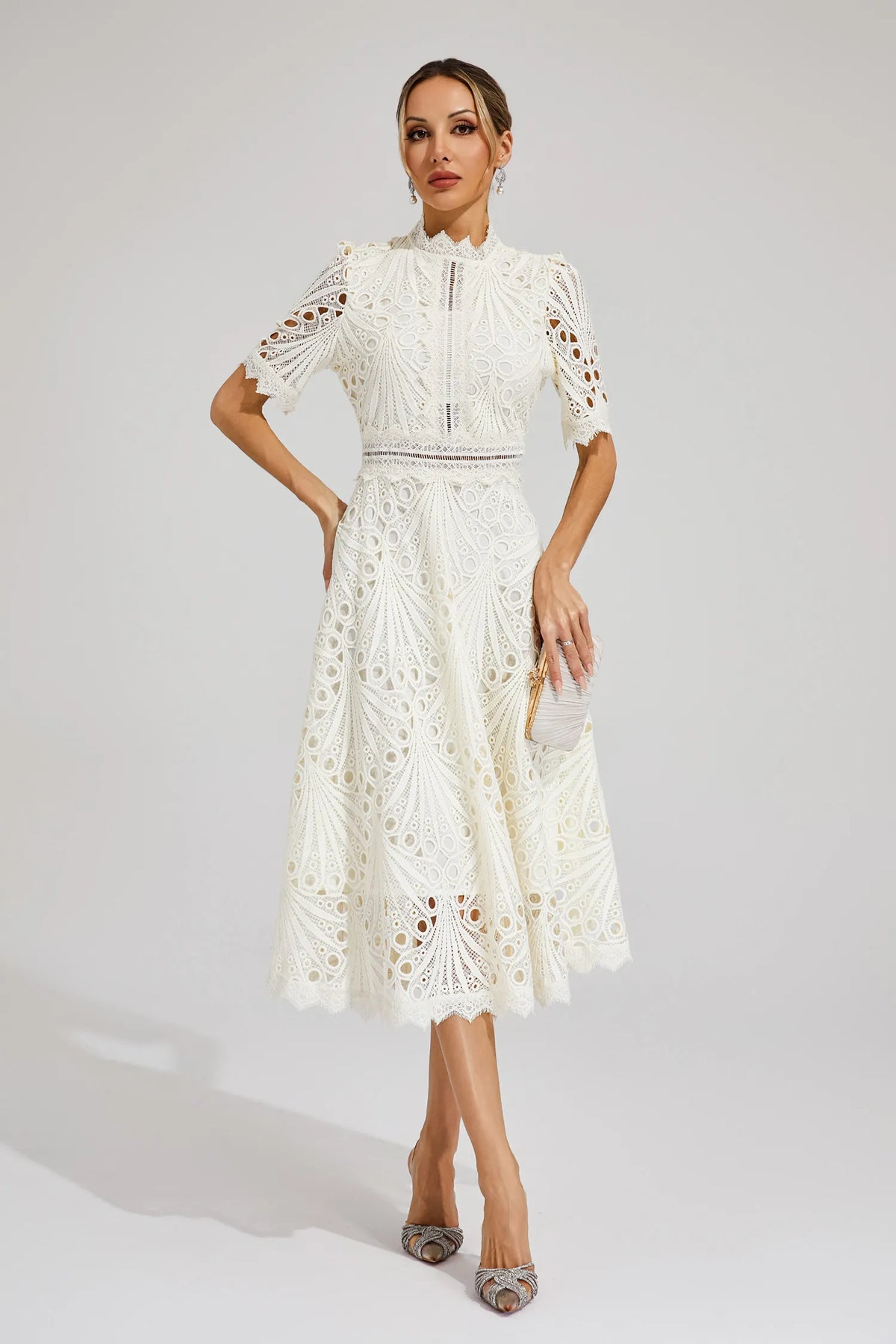Robe midi en dentelle femme, rose ou blanche, du S au 4XL