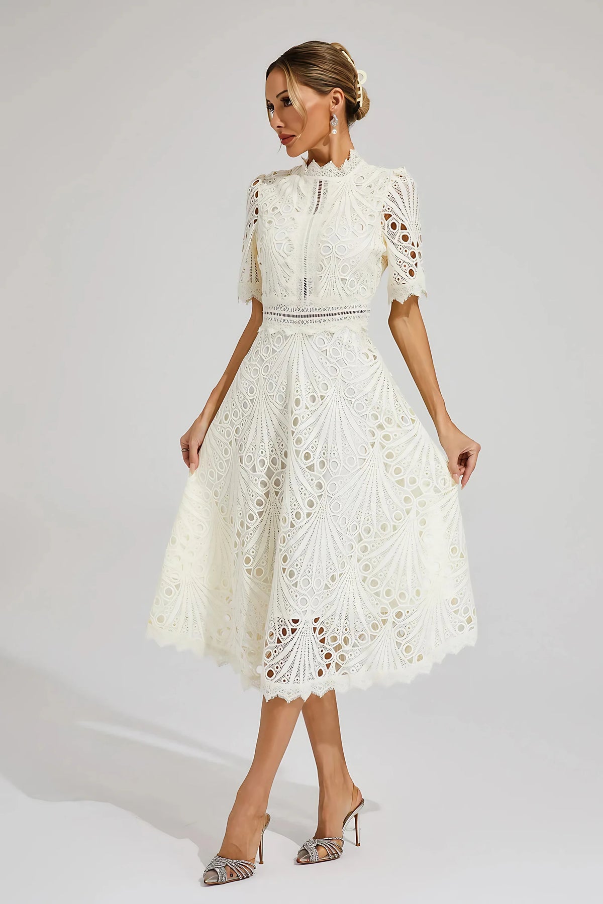 Robe midi en dentelle femme, rose ou blanche, du S au 4XL