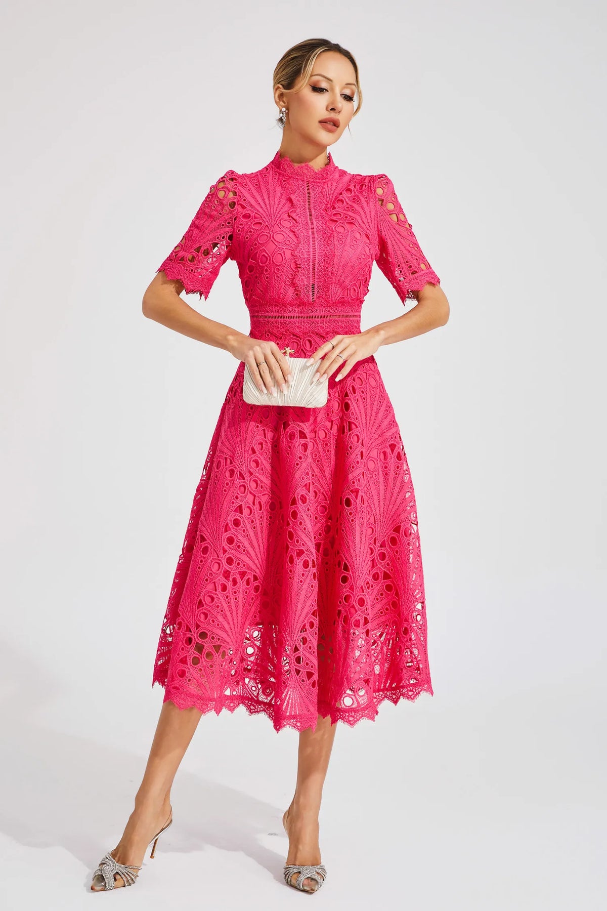 Robe midi en dentelle femme, rose ou blanche, du S au 4XL
