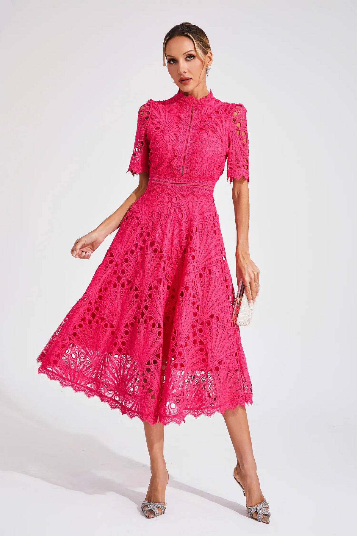 Robe midi en dentelle femme, rose ou blanche, du S au 4XL, rose