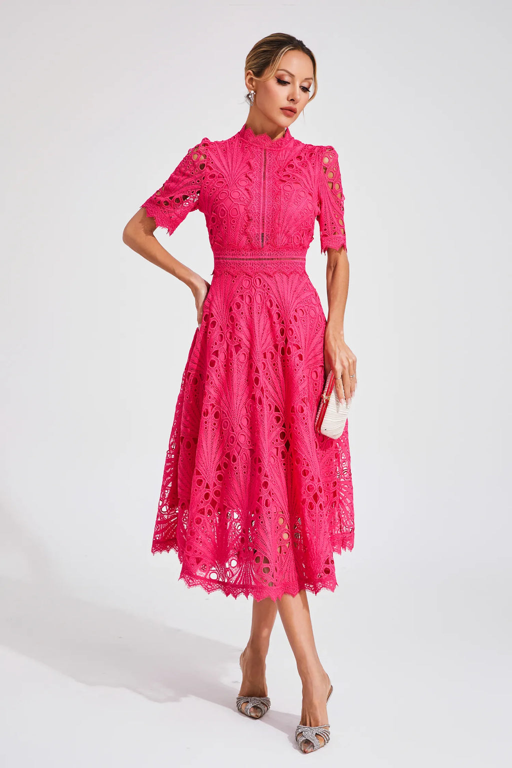 Robe midi en dentelle femme, rose ou blanche, du S au 4XL