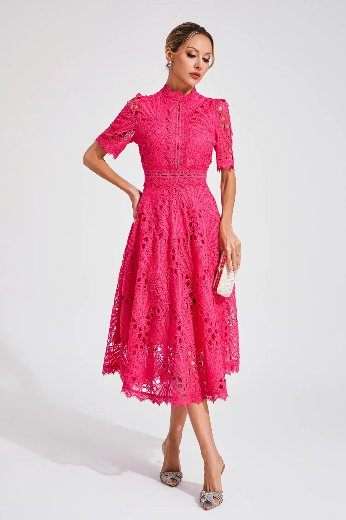 Robe midi en dentelle femme, rose ou blanche, du S au 4XL