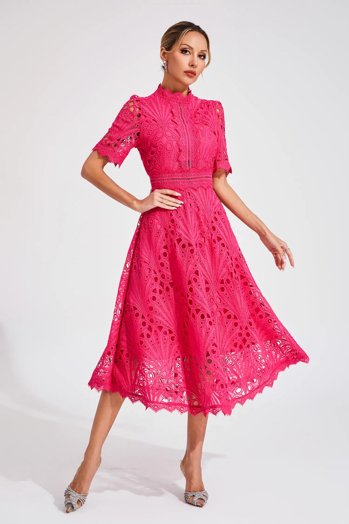 Robe midi en dentelle femme, rose ou blanche, du S au 4XL