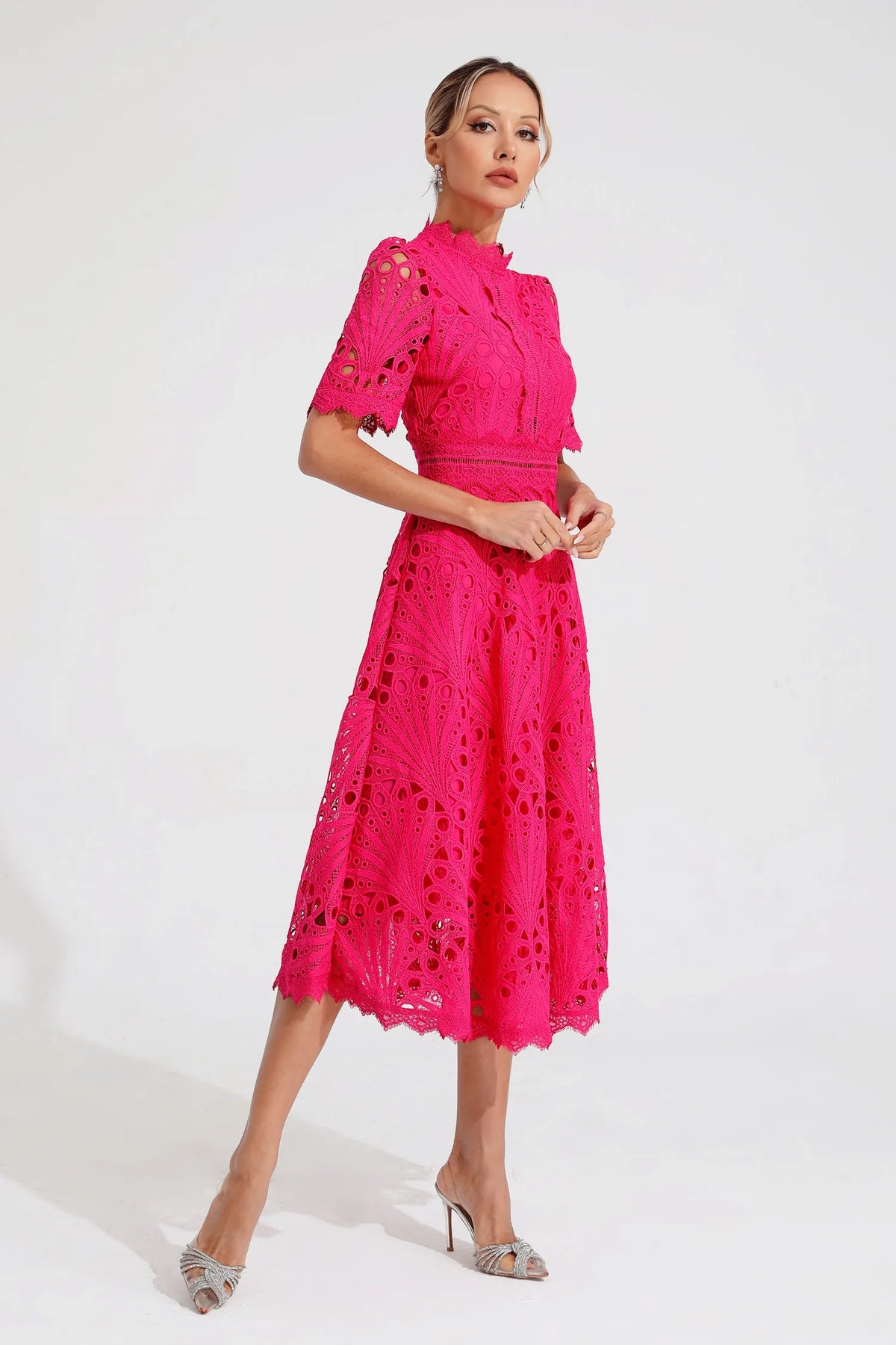Robe midi en dentelle femme, rose ou blanche, du S au 4XL