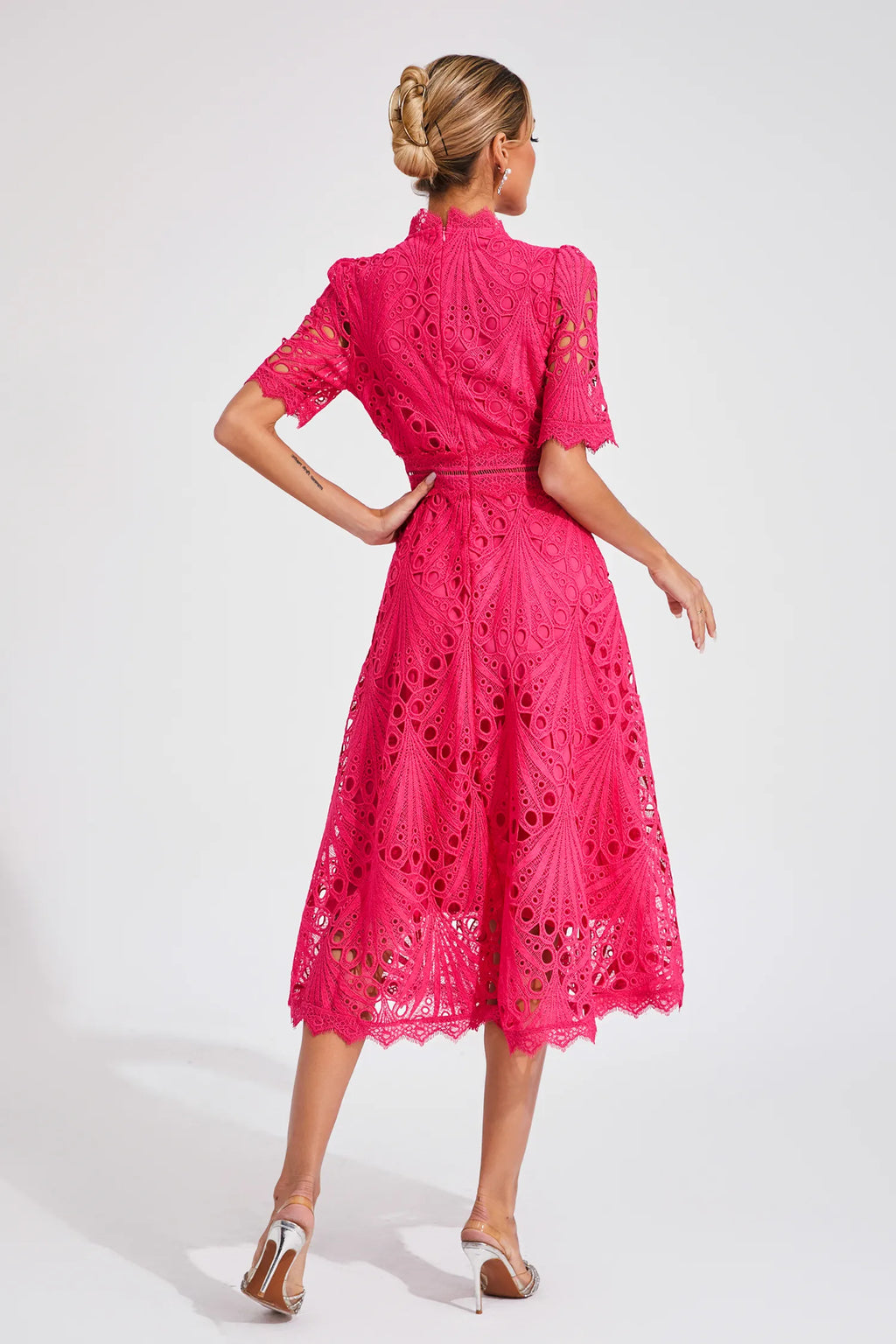 Robe midi en dentelle femme, rose ou blanche, du S au 4XL