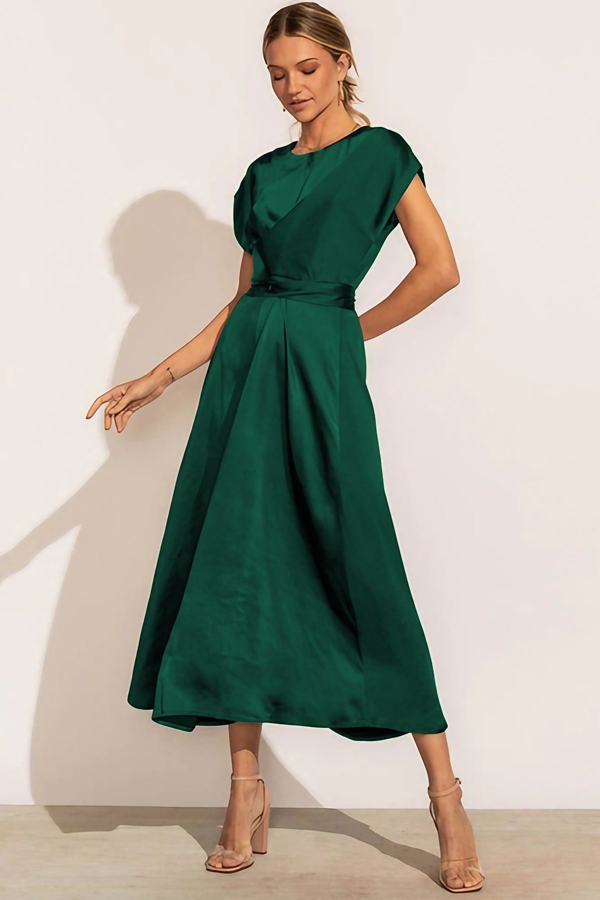 Robe midi femme au toucher soyeux, six coloris, du S au XL, vert émeraude