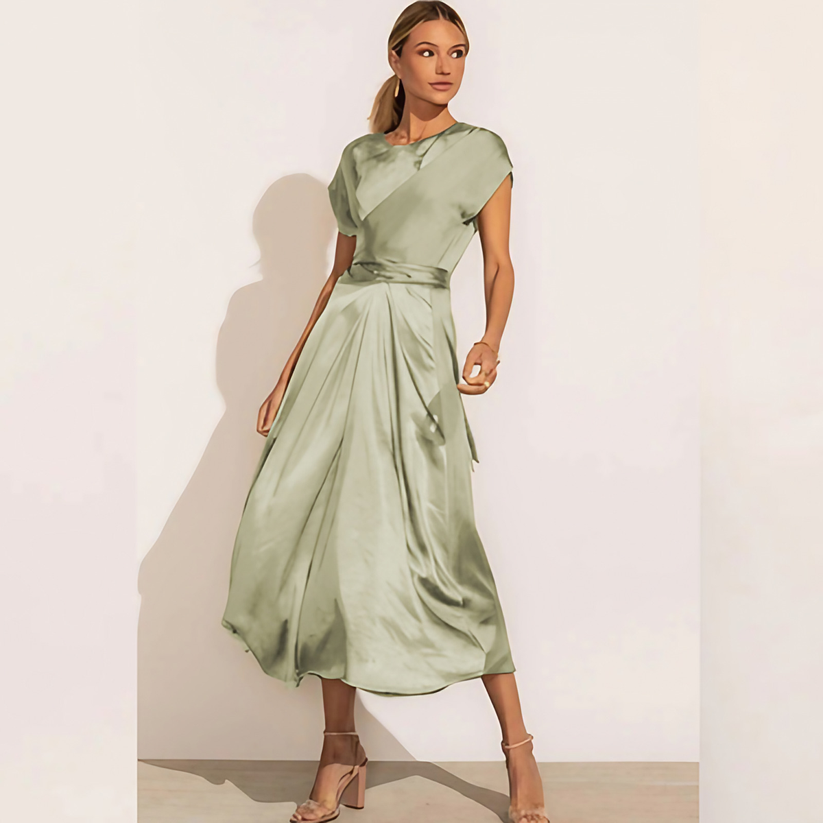 Robe midi femme au toucher soyeux, six coloris, du S au XL, menthe