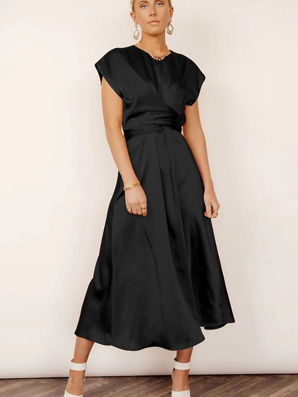 Robe midi femme au toucher soyeux, six coloris, du S au XL, noir