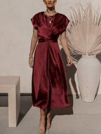 Robe midi femme au toucher soyeux, six coloris, du S au XL, rouge
