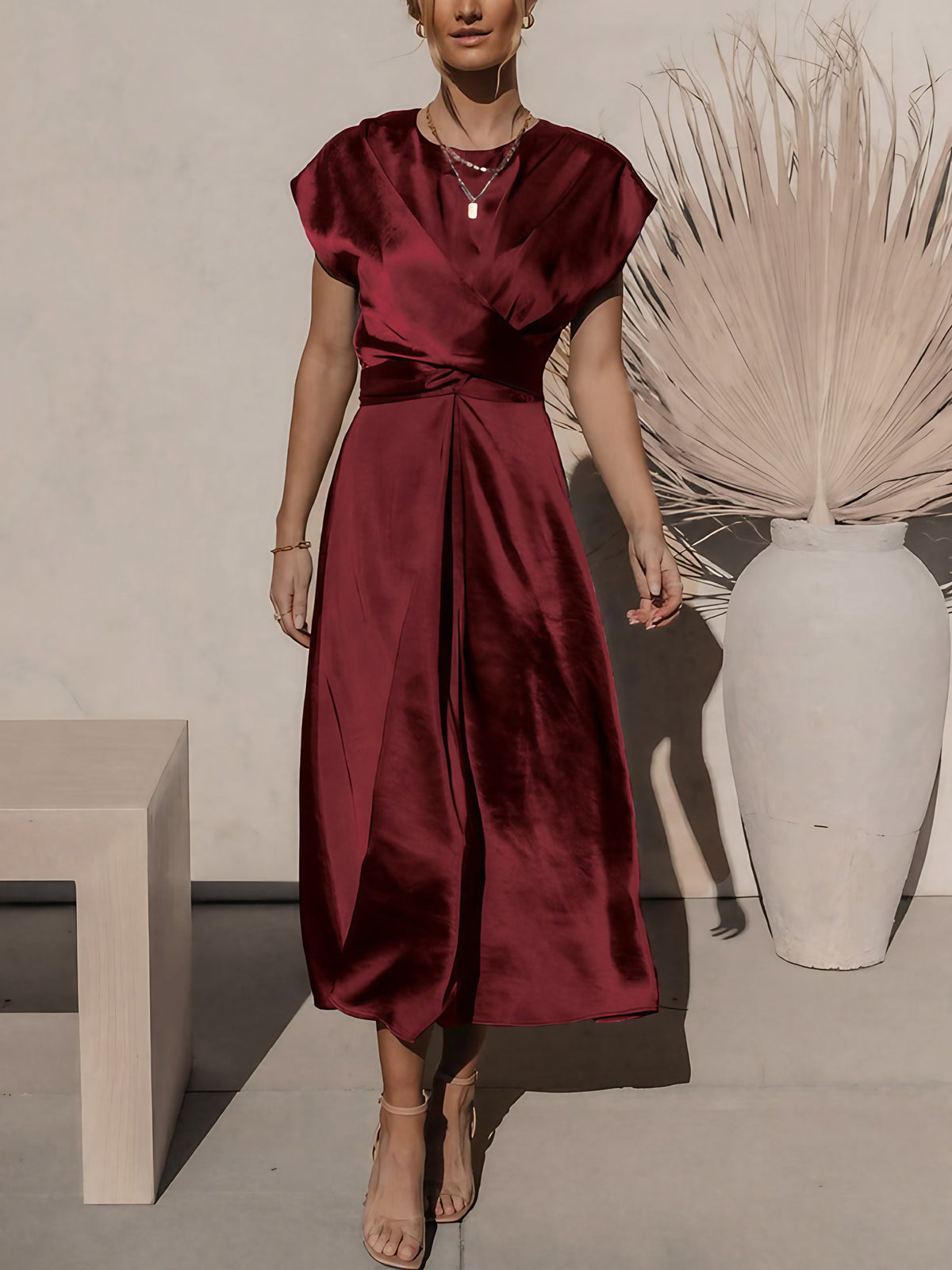 Robe midi femme au toucher soyeux, six coloris, du S au XL, rouge