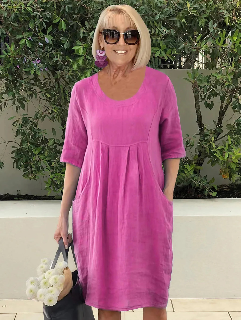 Robe midi ample à poches latérales, cinq coloris, du S au 3XL, rose rouge