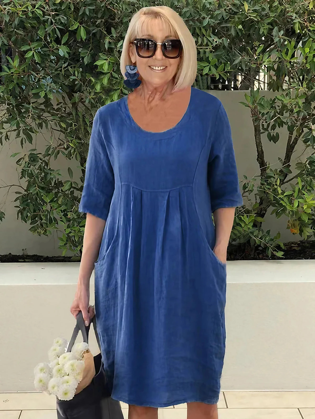 Robe midi ample à poches latérales, cinq coloris, du S au 3XL, bleu marine