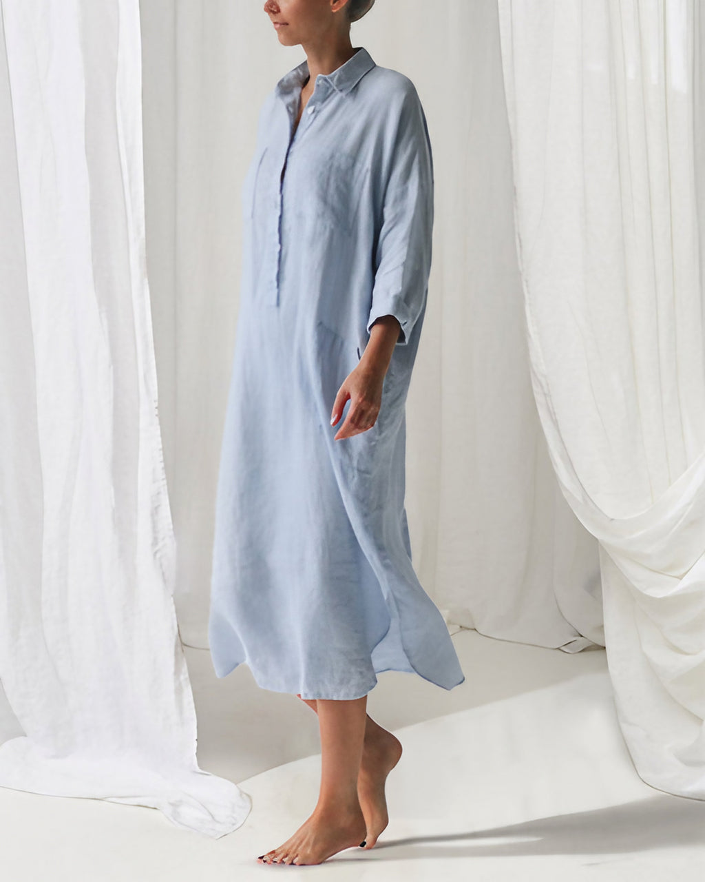Robe midi d'été boutonnée, manches longues, fentes sur les côtés