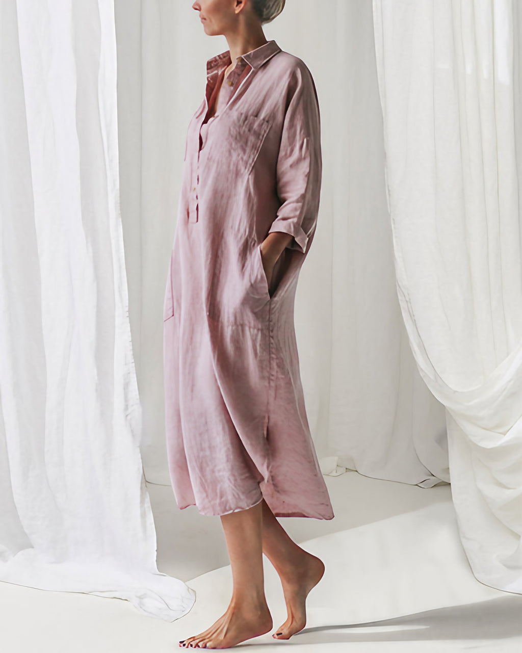 Robe midi d'été boutonnée, manches longues, fentes sur les côtés, rose
