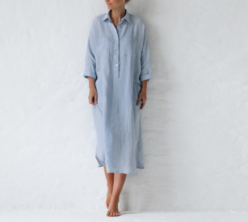 Robe midi d'été boutonnée, manches longues, fentes sur les côtés