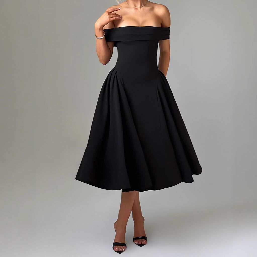 Robe midi épaules dénudées, col bardot, jupe évasée