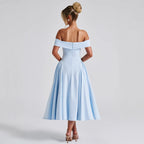 Robe midi épaules dénudées, col bardot, jupe évasée