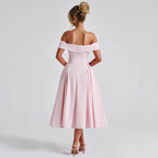 Robe midi épaules dénudées, col bardot, jupe évasée