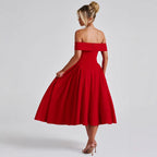 Robe midi épaules dénudées, col bardot, jupe évasée