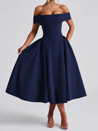 Robe midi épaules dénudées, col bardot, jupe évasée, bleu marine