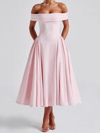 Robe midi épaules dénudées, col bardot, jupe évasée, rose