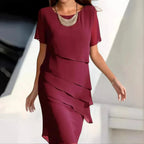 Robe midi en chiffon à étages, manches courtes, col rond, rouge