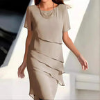 Robe midi en chiffon à étages, manches courtes, col rond, crème