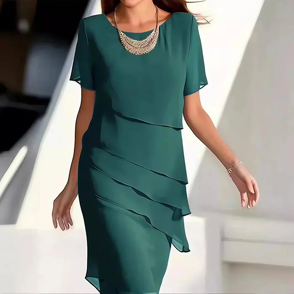 Robe midi en chiffon à étages, manches courtes, col rond, vert