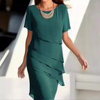 Robe midi en chiffon à étages, manches courtes, col rond, vert