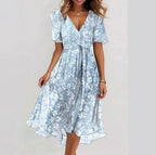 Robe midi fleurie en chiffon, col V, taille cintrée
