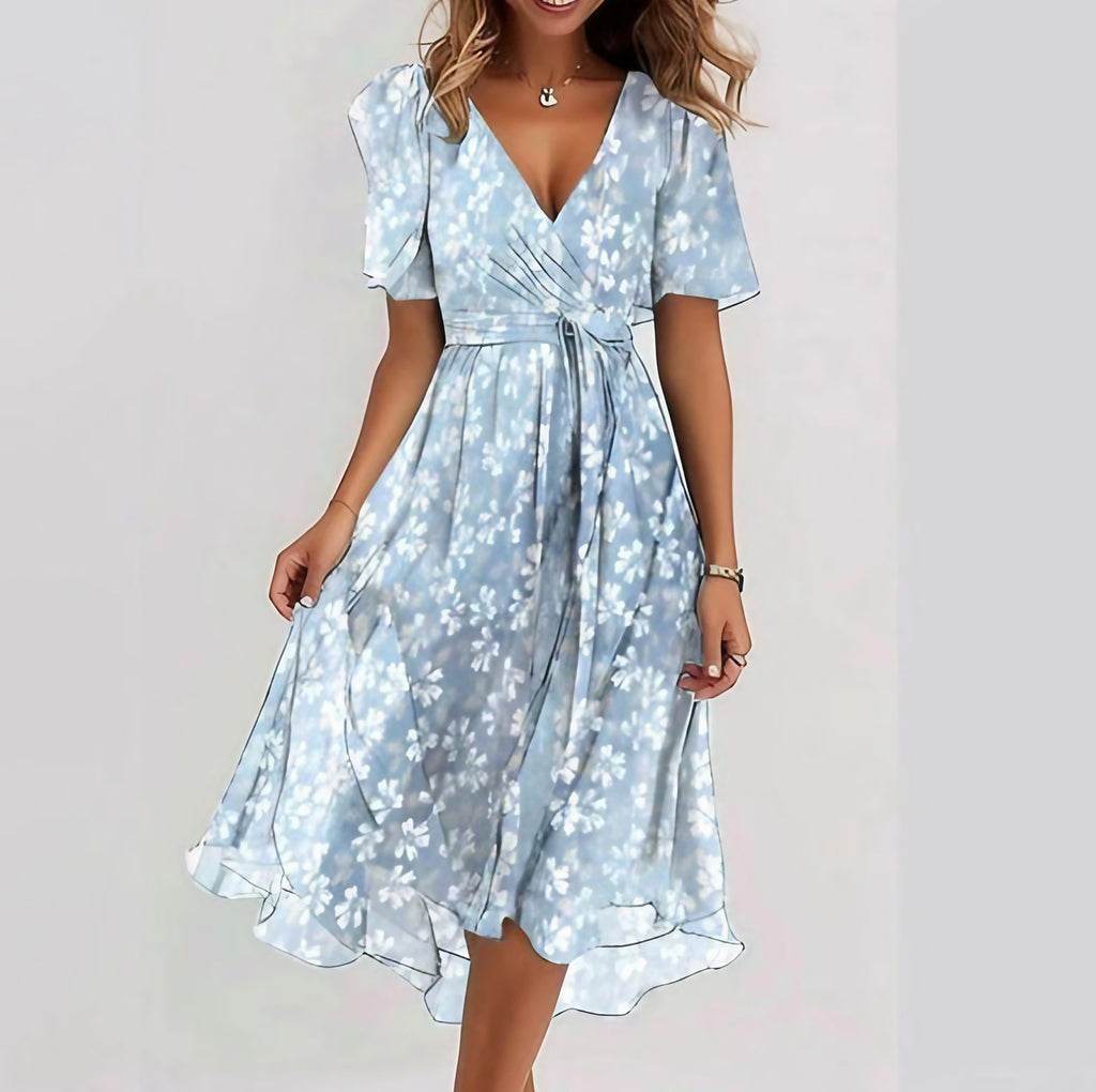Robe midi fleurie en chiffon, col V, taille cintrée, bleu aigue-marine