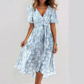 Robe midi fleurie en chiffon, col V, taille cintrée, bleu aigue-marine