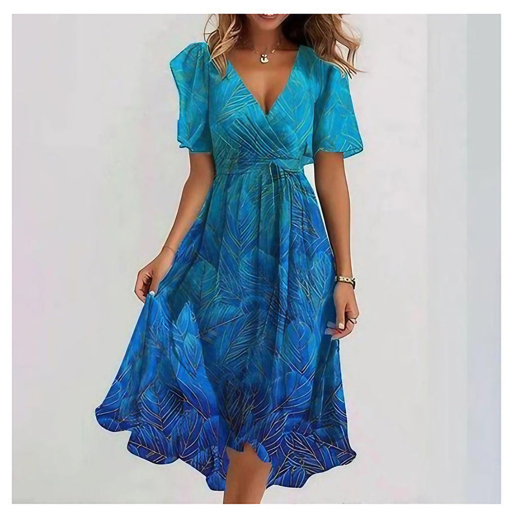 Robe midi fleurie en chiffon, col V, taille cintrée, dégradé de bleus