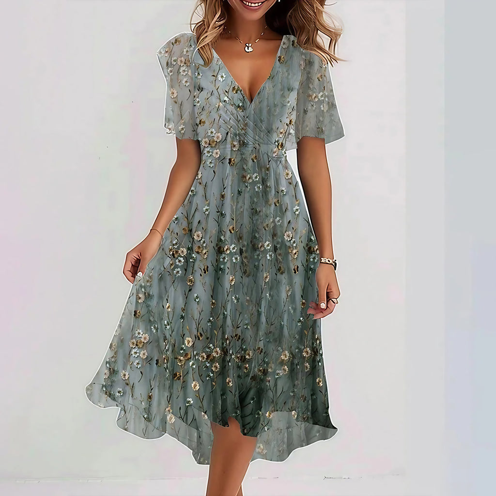 Robe midi fleurie en chiffon, col V, taille cintrée, vert foncé