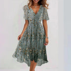 Robe midi fleurie en chiffon, col V, taille cintrée, vert foncé