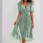 Robe midi fleurie en chiffon, col V, taille cintrée, vert clair