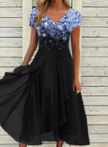 Robe midi fleurie de soirée, col V, du S au 5XL, bleu et noir