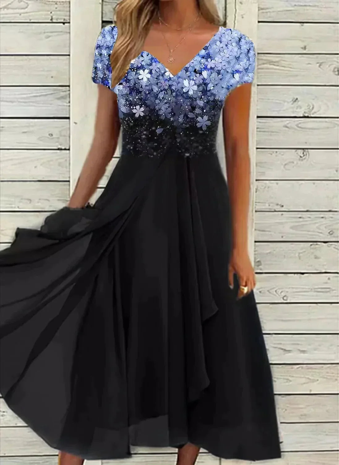 Robe midi fleurie de soirée, col V, du S au 5XL, bleu et noir