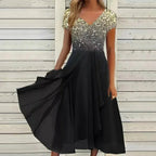 Robe midi fleurie de soirée, col V, du S au 5XL, doré et noir