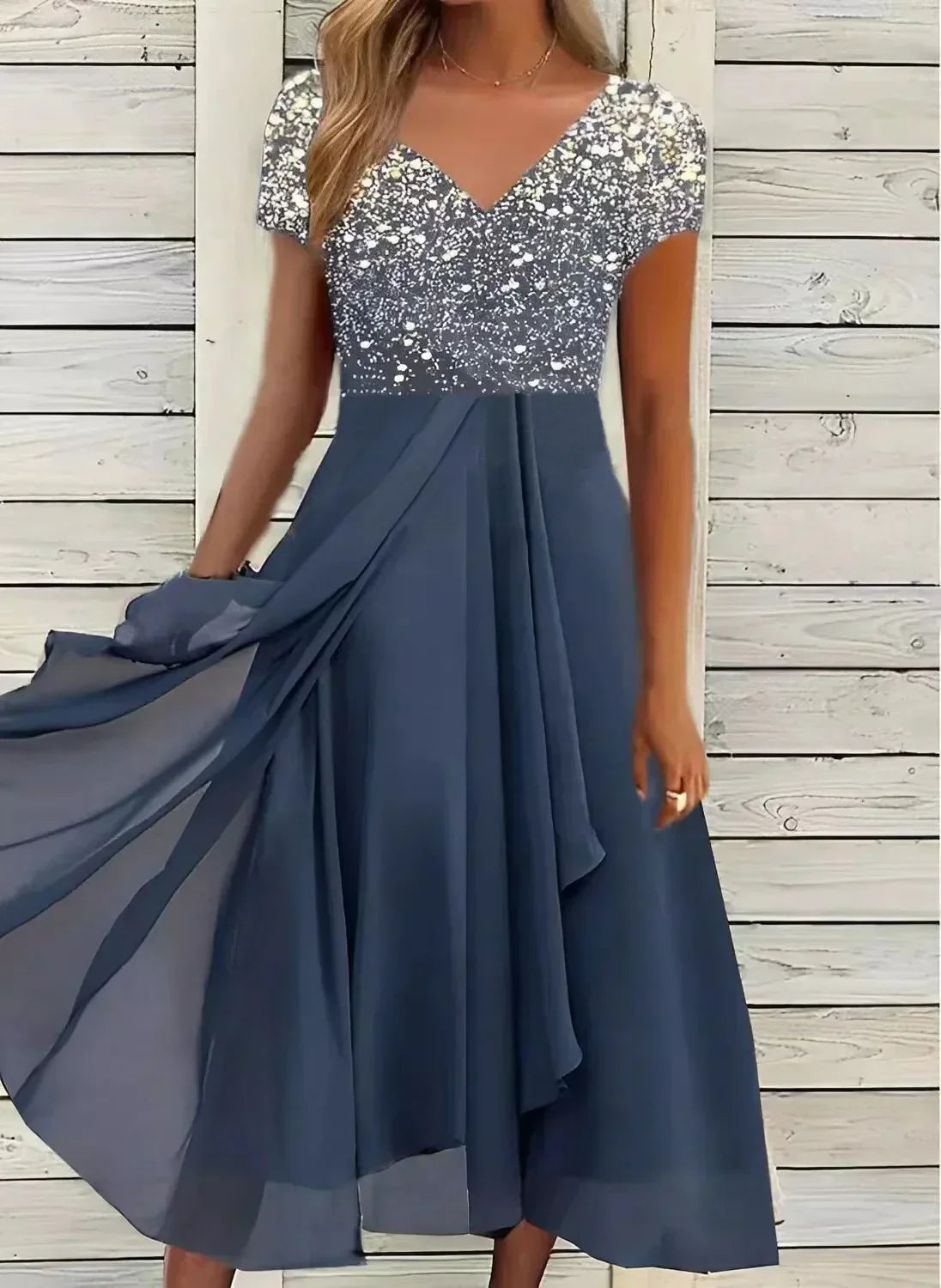 Robe midi fleurie de soirée, col V, du S au 5XL, argenté et bleu