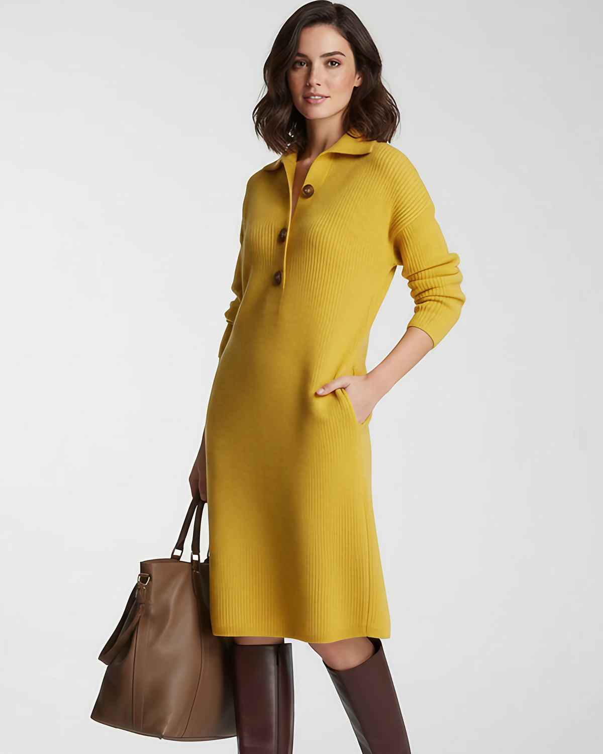 Robe midi femme fluide à col boutonné, quatre coloris, jaune