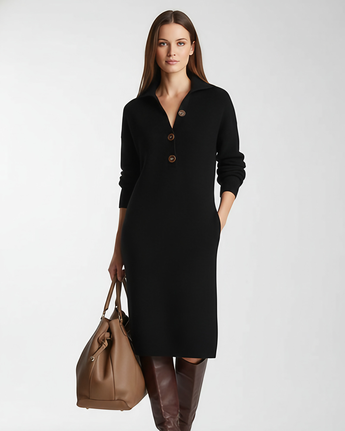 Robe midi femme fluide à col boutonné, quatre coloris, noir