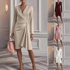 Robe midi femme col V à fronces, jupe évasée, quatre coloris