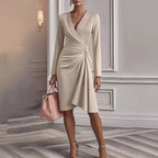 Robe midi femme col V à fronces, jupe évasée, quatre coloris, champagne