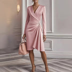 Robe midi femme col V à fronces, jupe évasée, quatre coloris, rose
