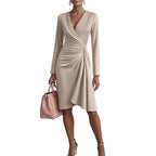 Robe midi femme col V à fronces, jupe évasée, quatre coloris