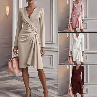 Robe midi femme col V à fronces, jupe évasée, quatre coloris